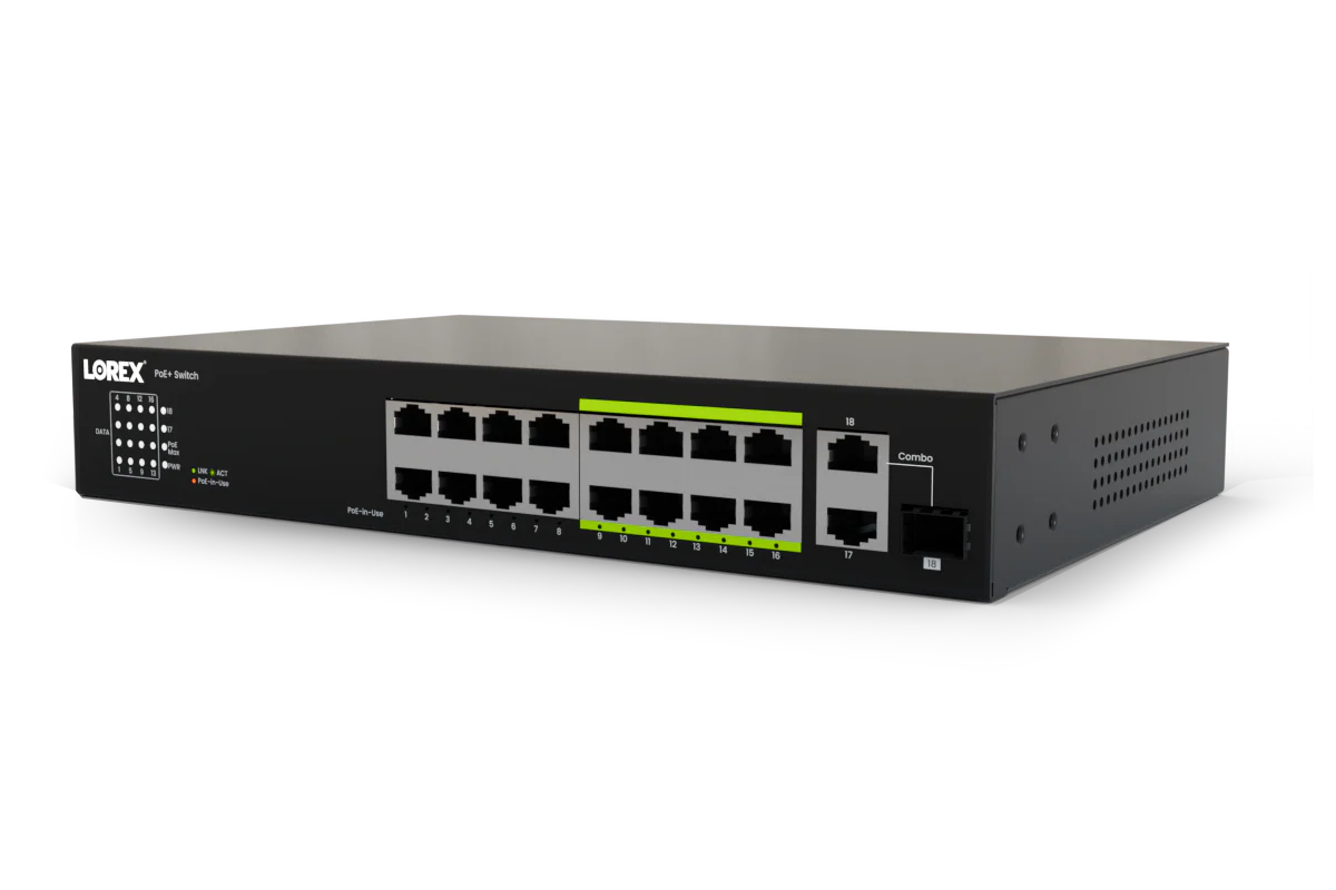 Lorex 16-Port Unmanaged Switch (8-port ePoE and 8-port PoE+) and 250W Power Budget